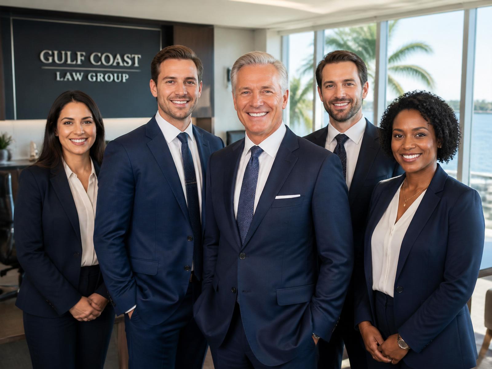 Mike Walker and his sons Josh and Alex with the Walker Law Group team in their St. Petersburg office overlooking Tampa Bay